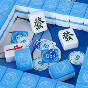 Creative Blue Doraemon Melamine Mahjong Set - Portable, perfect for family use, travel, and gifting; adorable design.
