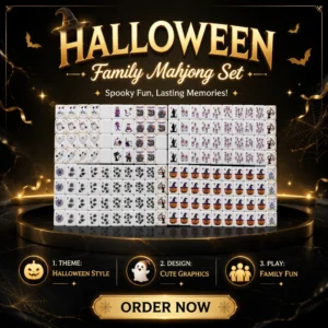Halloween Mahjong Tiles, Jack-o'-lanterns, Ghosts, Witches, Spider Webs, American-style Mahjong Tiles. Orange