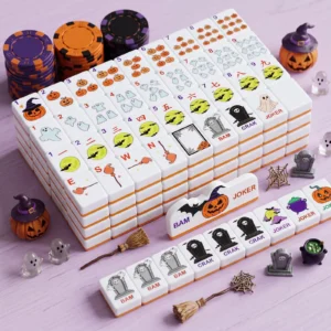 Halloween American Melamine Mahjong Set 1.2-inch Pumpkin Cat Witch and Ghost Mini Mahjong Tiles 160-piece
