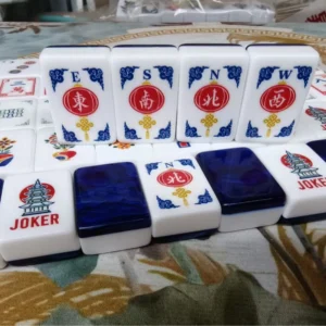 Blue Water-Patterned Pagoda-Style American Mahjong Set, High-End Luxury Double-Layer American Mahjong Set 36*25*12mm