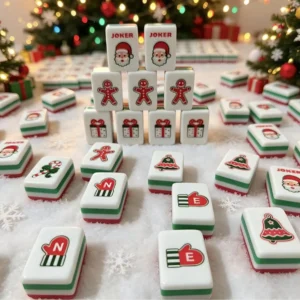 Red Four-Layer Christmas-Themed American Mahjong Set, Acrylic Hand-Rubbed Mahjong Tiles with Christmas-Themed Cartoon Designs