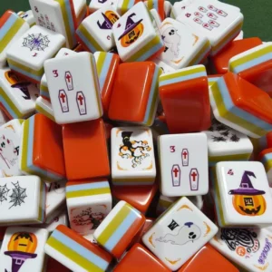 Halloween Mahjong Tiles, Jack-o'-lanterns, Ghosts, Witches, Spider Webs, American-style Mahjong Tiles. Orange
