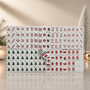 Red Four-Layer Christmas-Themed American Mahjong Set, Acrylic Hand-Rubbed Mahjong Tiles with Christmas-Themed Cartoon Designs
