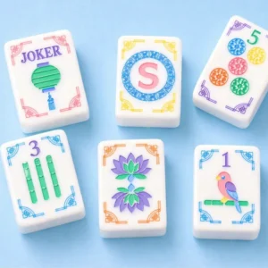 Chinese-style Acrylic Mahjong Tiles with White Background Colorful Lantern Lotus Bird Designs; Party Table Set for 4 Players